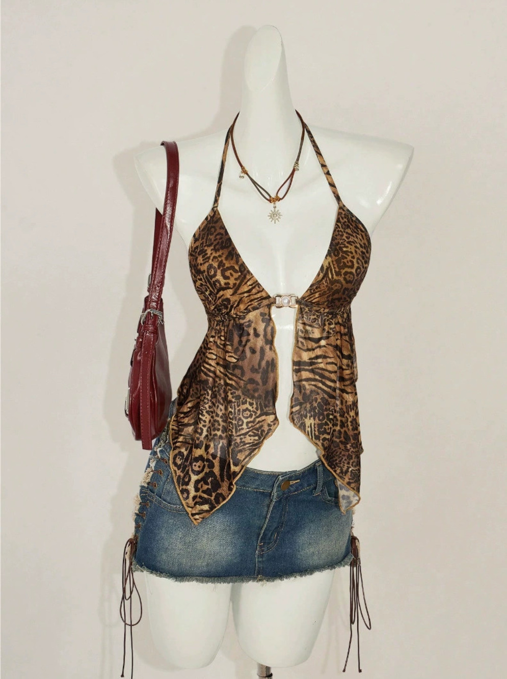 Forever 21 Leopard Print Deep V Backless Halter Crop Top